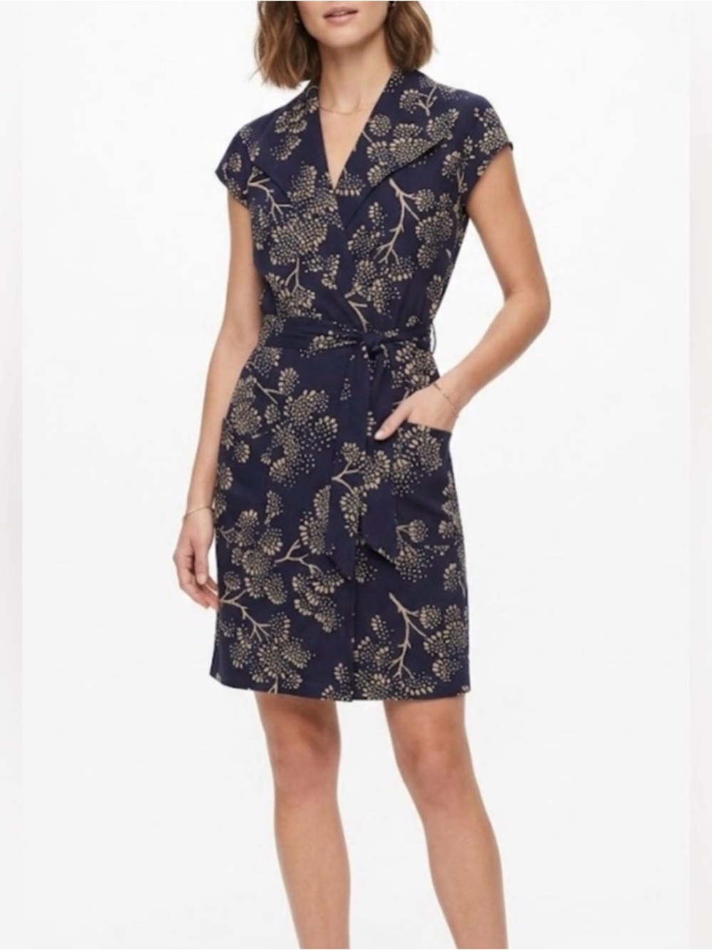 Maeve Navy Mini Wrap Dress with Gold Floral Print